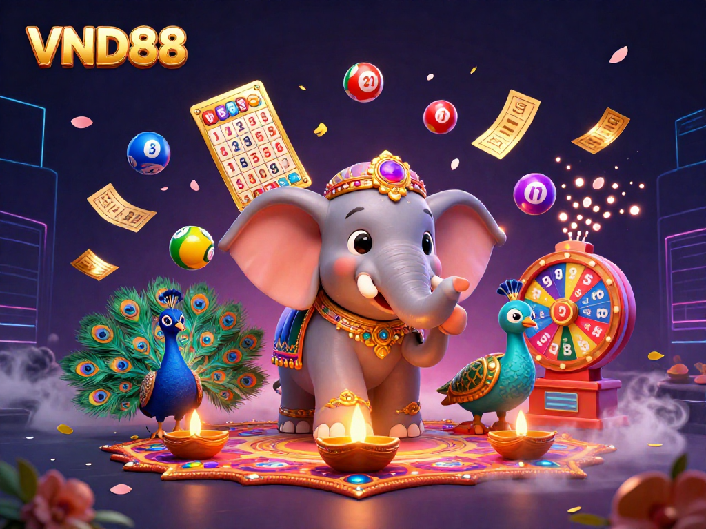Join the excitement at VND88 with colorful prizes, dynamic lottery elements, and festive characters for a vibrant gambling experience.