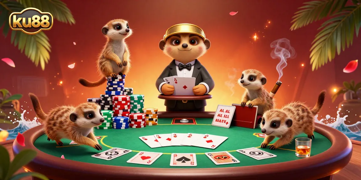 Experience the thrilling casino atmosphere at ku88 as meerkats delightfully engage in gaming, showcasing vibrant poker elements.