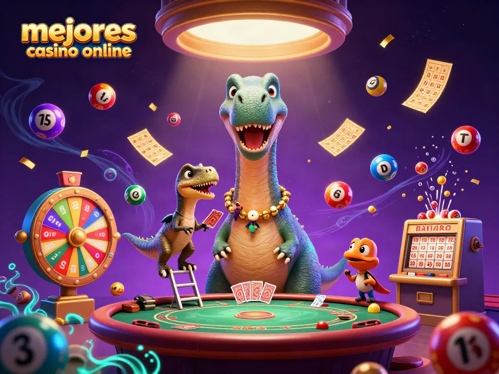 Imágenes de los mejores casinos online con un dinosaurio en un casino interactuando con una mesa de póker