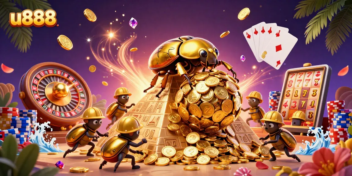 Experience thrilling casino action with u888's vibrant 3D representation of golden beetles and lively gaming elements.