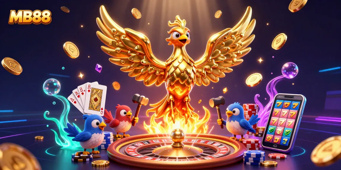Engage with the exciting features of MB88, where a molten golden phoenix transforms into coins amidst vibrant casino elements.