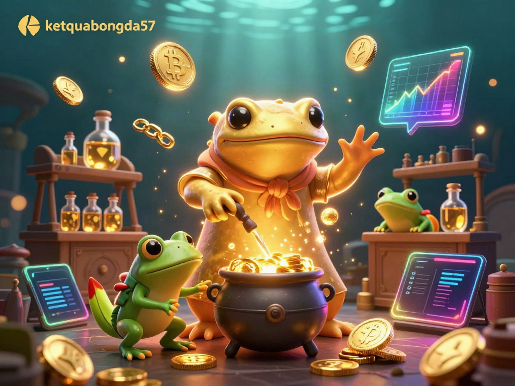 Experience live football score updates with ketquabongda57's dynamic visualization of gold coins and crypto elements.