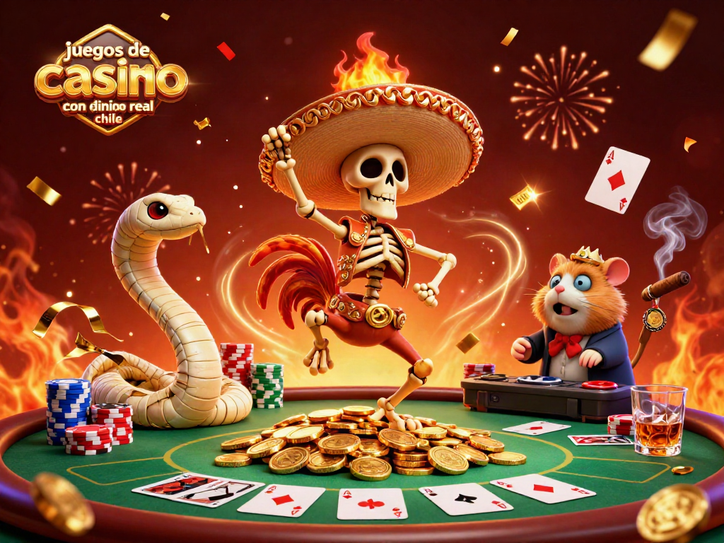 Juega juegos de casino online con dinero real en Chile con coloridos personajes y un vibrante fondo festivo.