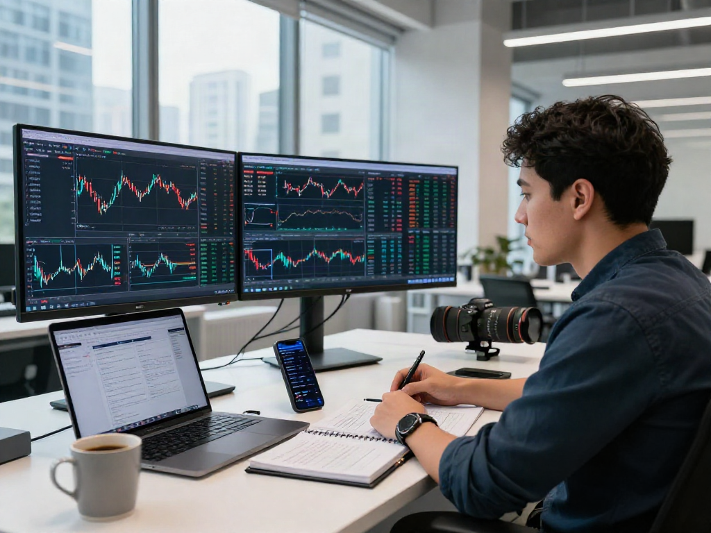 Analista financiero estudiando el precio bitcoin en tiempo real con múltiples pantallas y gráficos de mercado.