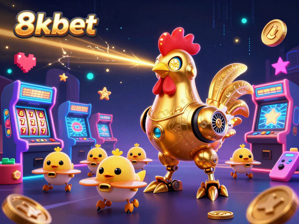 Experience thrilling games at 8xbet with golden rooster robot leading the way and vibrant casino elements.