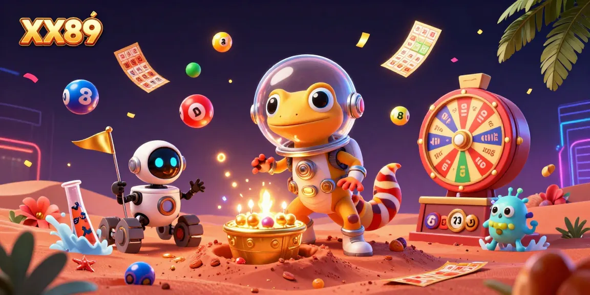 Engage with XX89 in an exciting Martian casino scene featuring vibrant lottery elements.