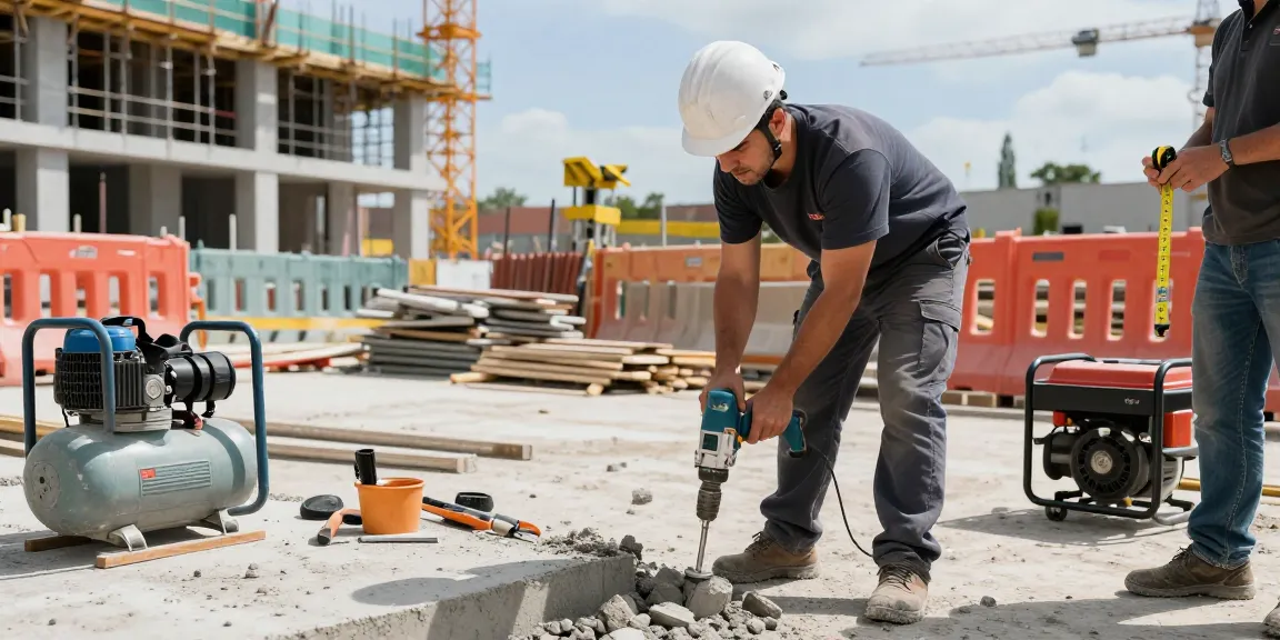 Uso de taladros neumáticos en obra, trabajador con taladro y herramientas.