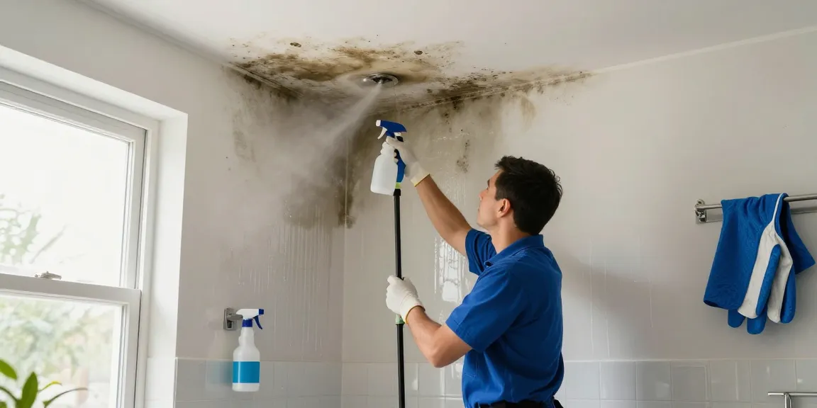 Desinfección de moho en Barcelona por un técnico usando equipo especializado en un baño.