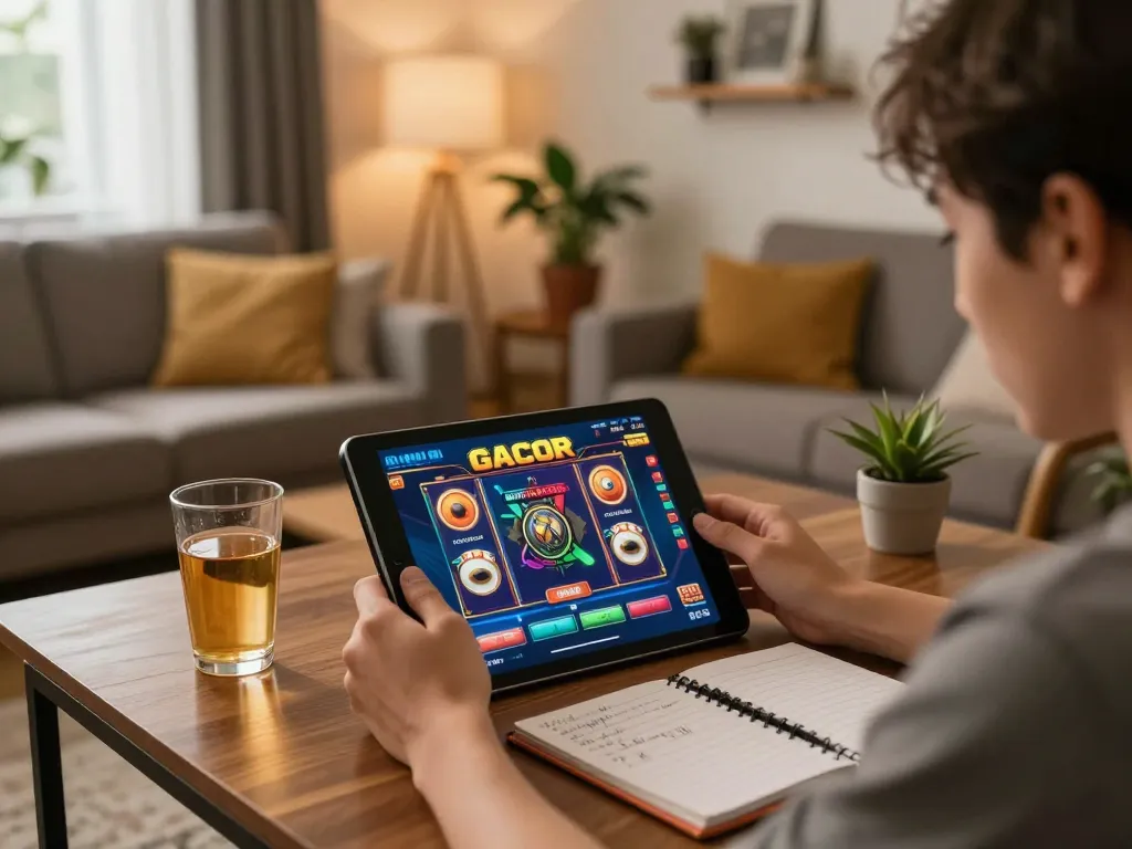 Player enjoying slot gacor game on tablet at home with strategic notes and cozy atmosphere