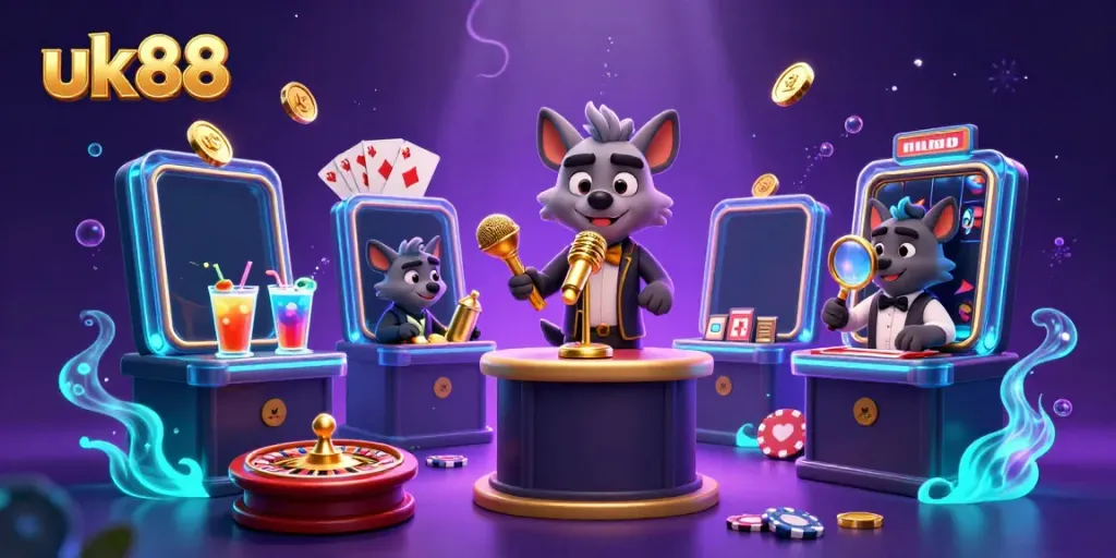 Hyenas in a vibrant comedy casino scene, featuring uk88 games and golden motifs.