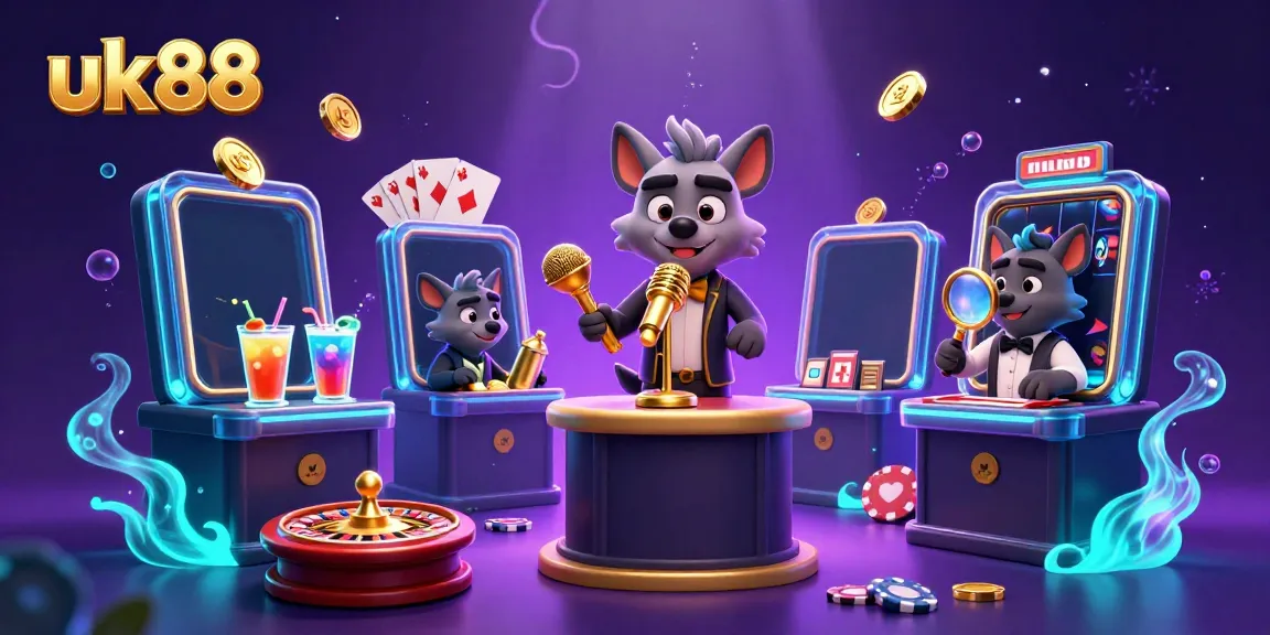 Hyenas in a vibrant comedy casino scene, featuring uk88 games and golden motifs.