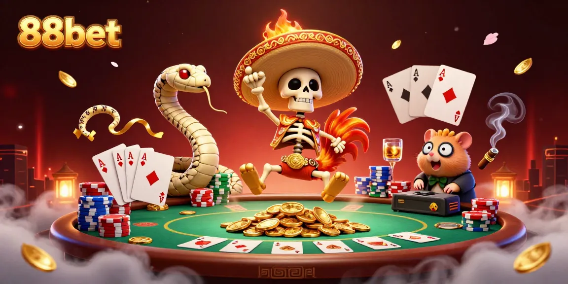 Experience the vibrant action at 88bet with colorful characters dancing amidst poker elements and golden coins.
