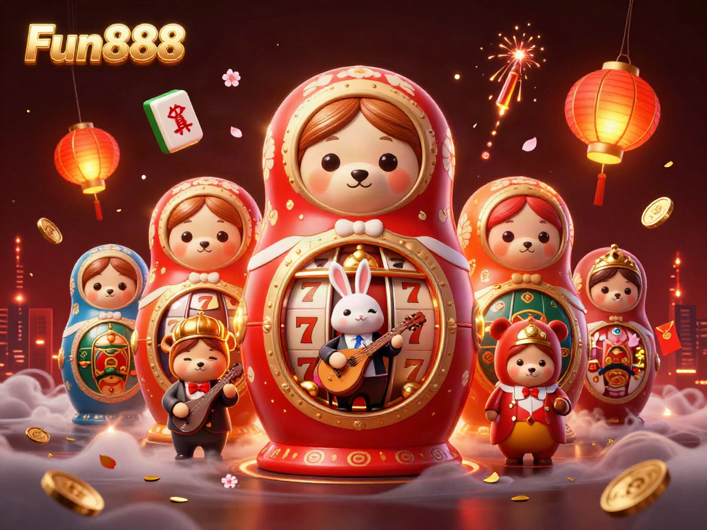 Experience the excitement of Fun888 with a vibrant 3D casino scene featuring lively characters and interactive casino elements.
