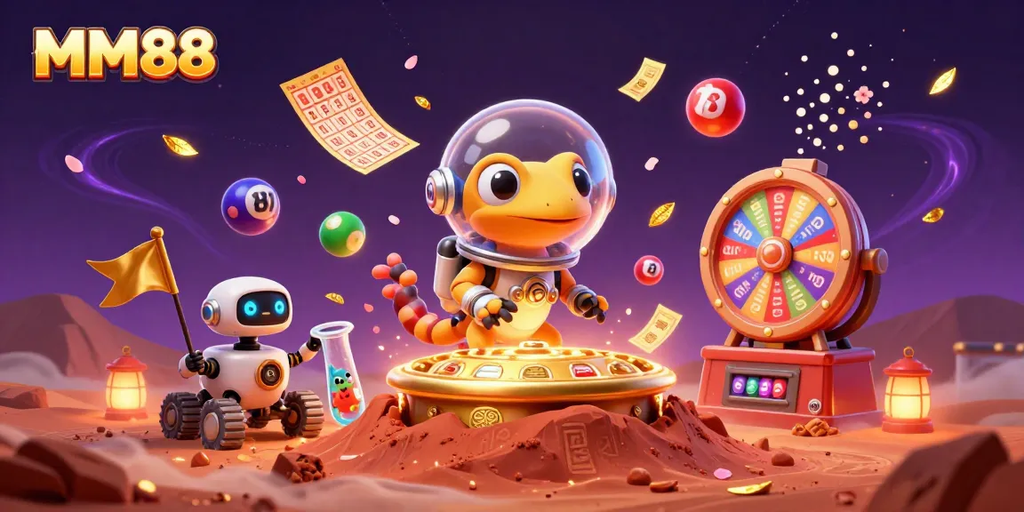 Experience fun at MM88 with a Martian gecko discovering a golden casino amidst a vibrant alien world.