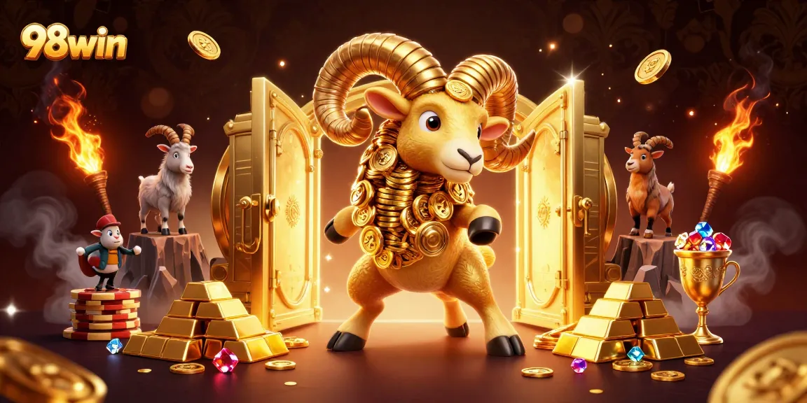 Experience exciting 98win gambling action with a charging golden ram and treasure vaults.