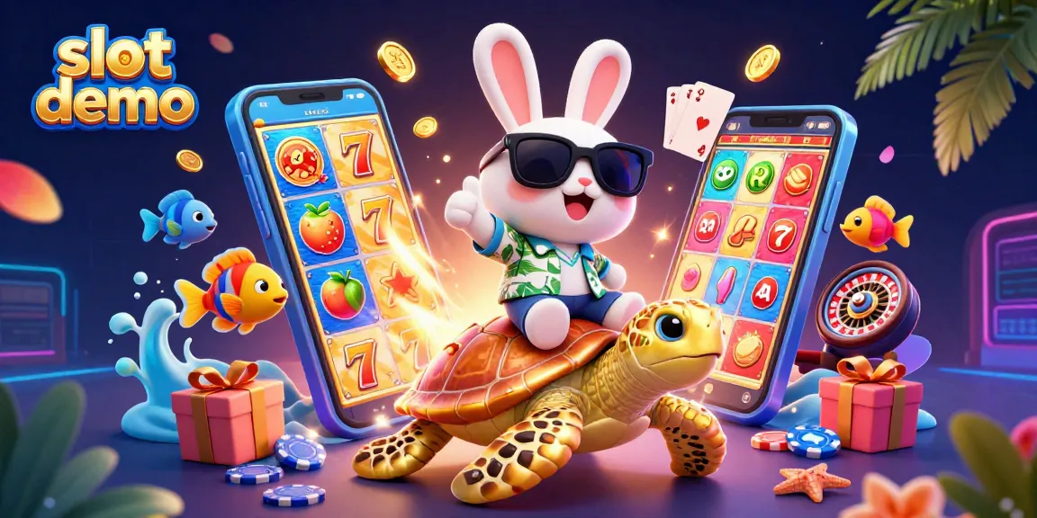 slot demo menunjukkan kelinci lucu 3D dan kura-kura emas di game slot