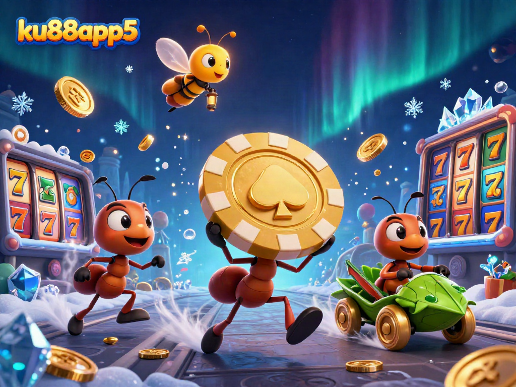 ku88app5's thrilling heist scene with playful cartoon ants carrying a giant poker chip
