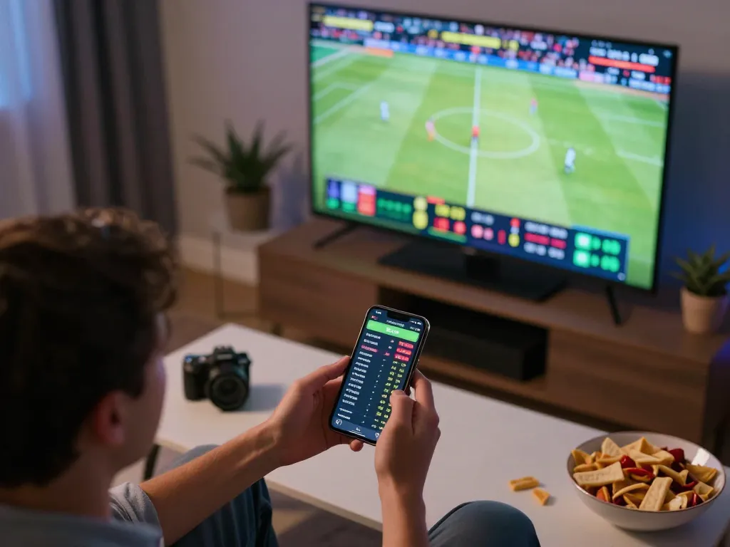 Person using GG88 mobile app for sports betting while watching live match on TV