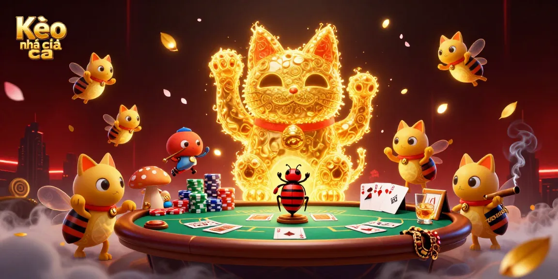 Engage in thrilling gameplay with Kèo nhà cái at a vibrant poker table surrounded by festive casino elements.