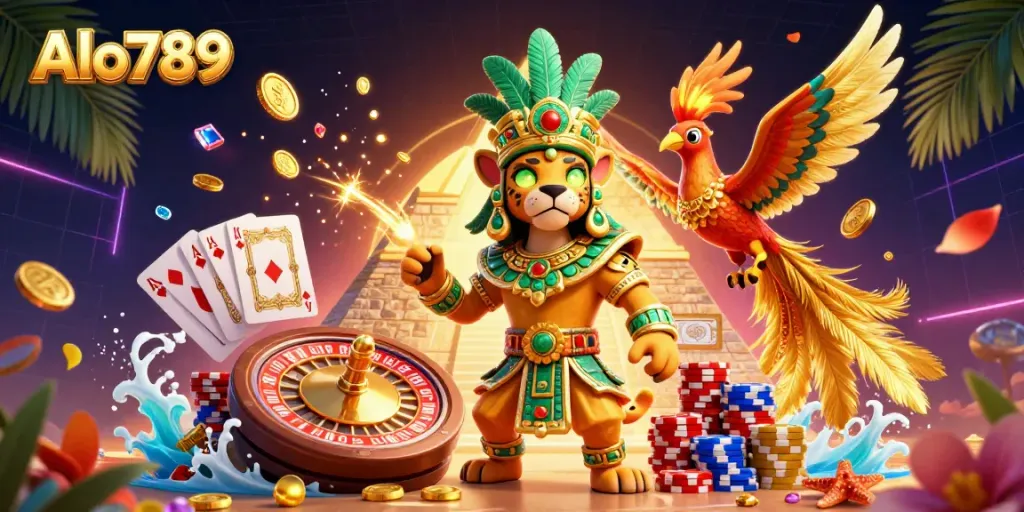Alo789 captures the excitement of gambling with vibrant casino elements, including roulette and colorful chips.