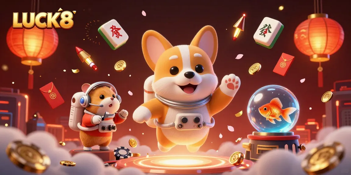 Experience gaming excitement with LUCK8's vibrant casino illustration featuring a playful corgi in space.