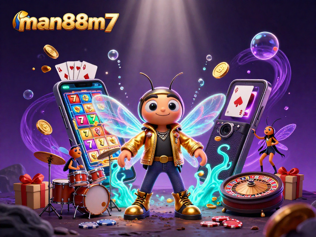 Experience winning at man88m7 with a colorful casino scene featuring a rock star and dynamic games.