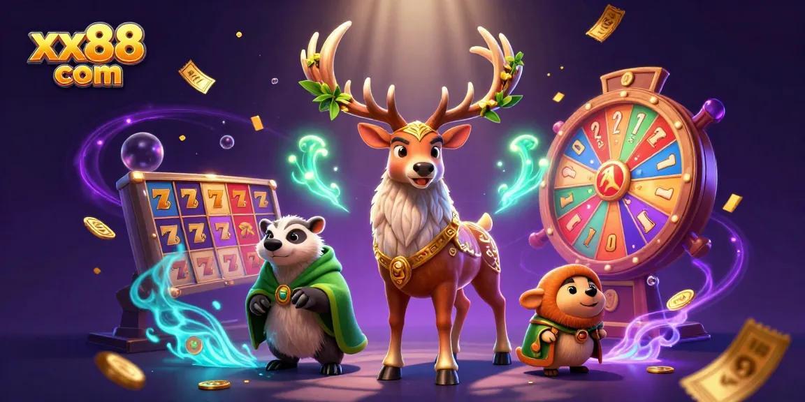Experience the thrill of xx88 com with colorful slot reels and lucky characters in a dynamic casino scene.