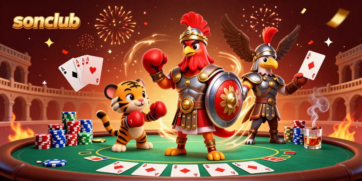 Experience exciting gameplay at sonclub with a heroic rooster, poker elements, and vibrant atmosphere.