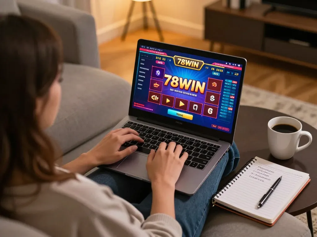 Engaging online gaming session on 78WIN, featuring a player on a laptop in a cozy atmosphere.