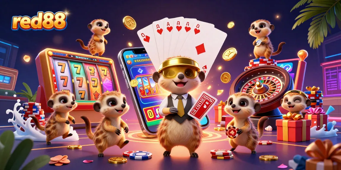 Experience red88 with exclusive casino meerkats managing slots and games in a vibrant 3D scene.