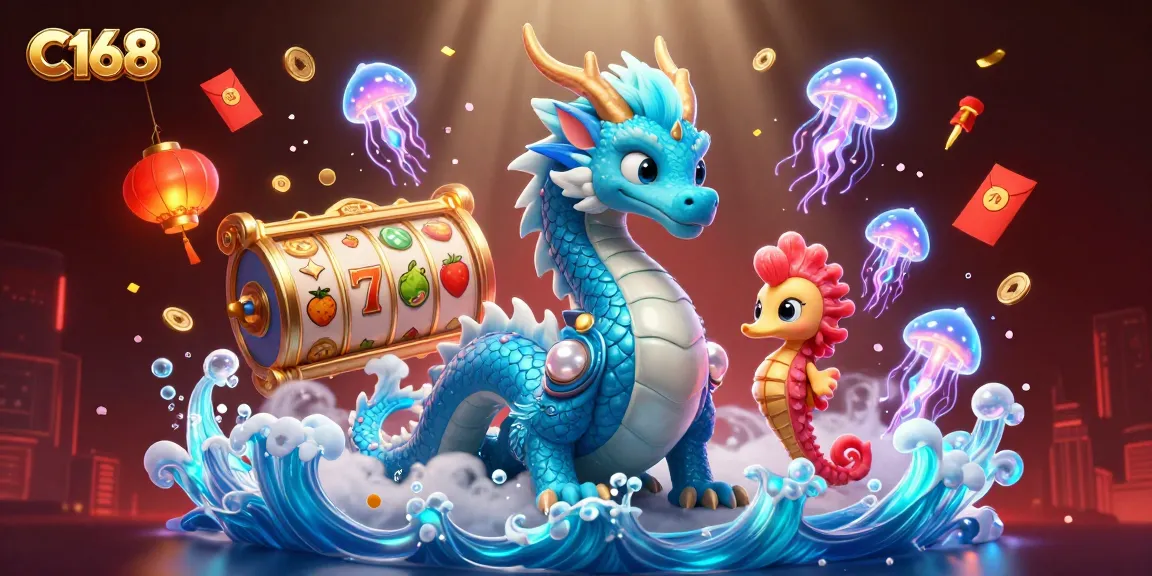 Engage with C168 casino fun through a vibrant 3D illustration featuring a dragon and colorful game elements.