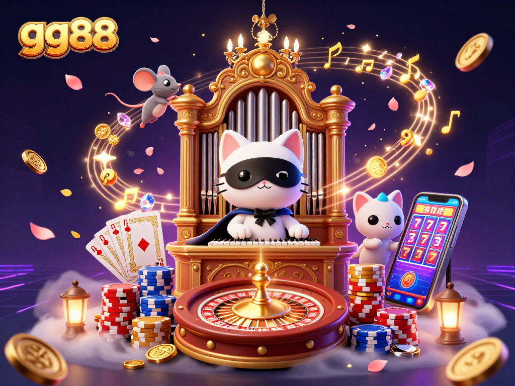 Experience the excitement at gg88 with a vibrant casino-themed 3D scene depicting gaming action and rewards.