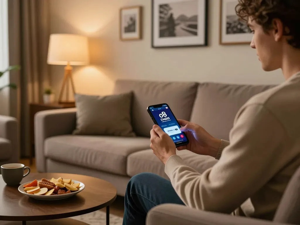 Player enjoying o8casino mobile app on smartphone in a relaxed home gaming environment