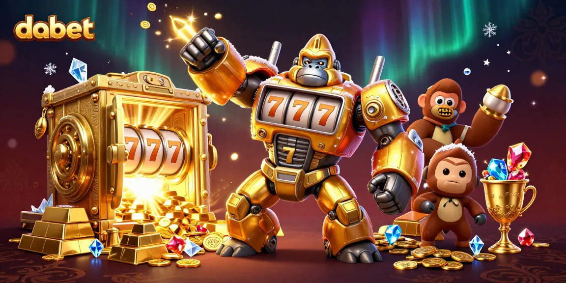 dabet's stunning 3D illustration showcasing a golden gorilla mech celebrating casino wins with slot machine elements.
