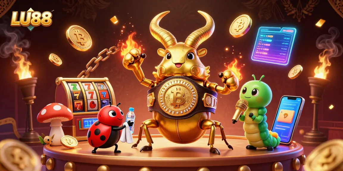 Engage in exciting spins at LU88's thrilling slots scene featuring vibrant characters and crypto elements.