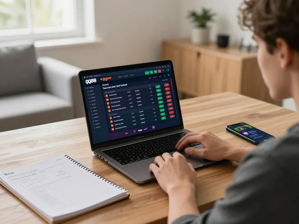 Engaging with the gg88 pro sports betting platform on a modern laptop, showcasing strategic betting and responsible gambling