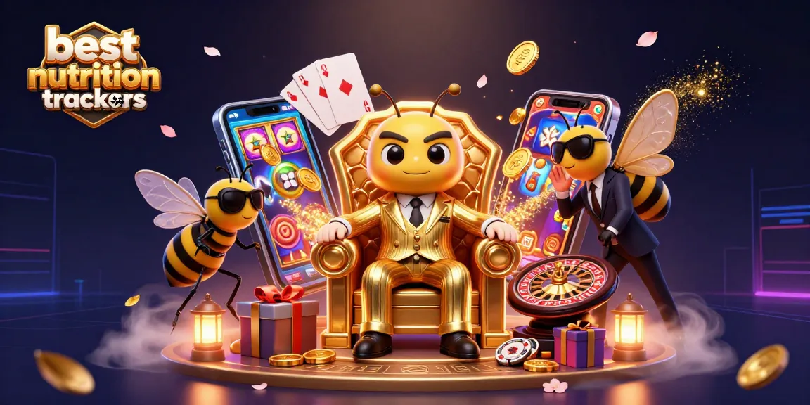 Engaging illustration featuring best nutrition trackers offering playful casino elements with a cartoon bumblebee mob boss.
