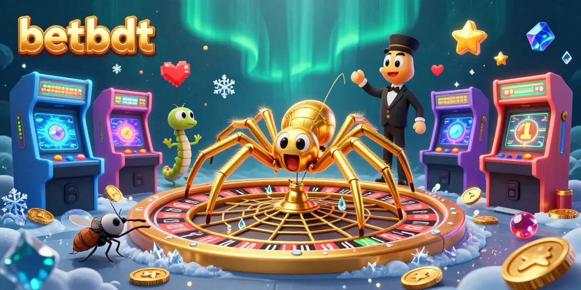 Experience thrilling bets at betbdt with a golden spider and roulette web in this vibrant casino scene.