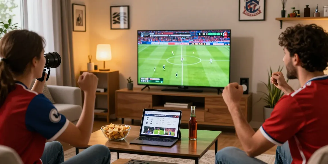 Excited fan enjoying a match on rojadirectatv with friends in a lively living room
