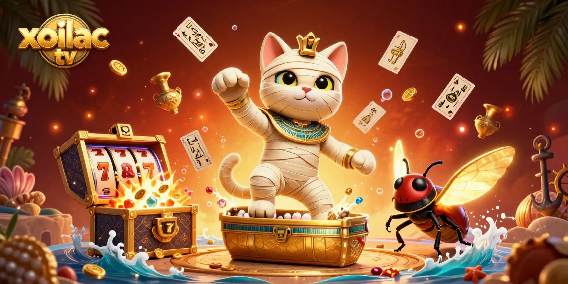 Xoilac TV showcases exciting casino action with a mummy cat and golden treasures in a vibrant pyramid scene.