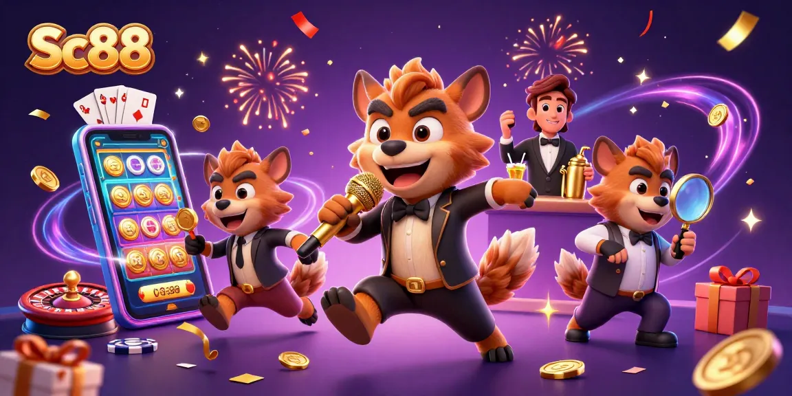 Experience the thrilling excitement of Sc88 with a vibrant casino scene featuring hyenas, games, and dazzling visuals.