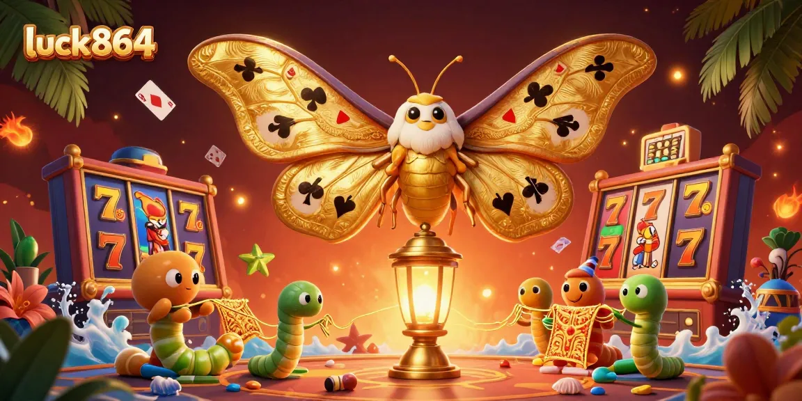 Experience jackpot excitement with luck8864's vibrant casino scene featuring a majestic golden atlas moth.