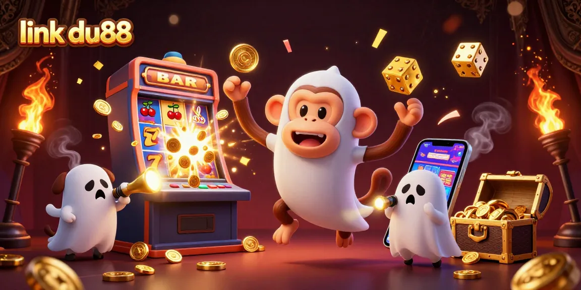 Experience thrilling wins with link du88, featuring a playful poltergeist monkey and ghost-hunter puppy in a vibrant casino scene.